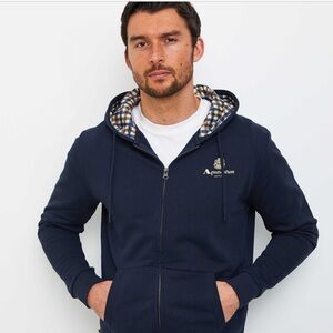 Aquascutum London Men's Navy Hoodie with Checkered Lining